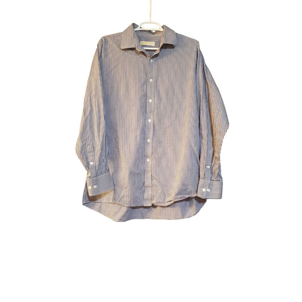 Michael Kors 16.5 34/35 100% Cotton Navy Purple Check Long Sleeve Shirt Office